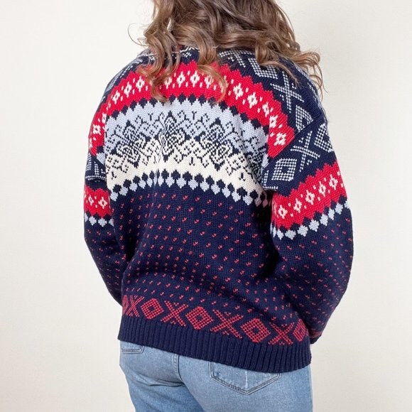 Vintage Norwegian Fair Isle Wool Knit Embroidered Oversized Cardigan Sweater - Picture 3 of 8